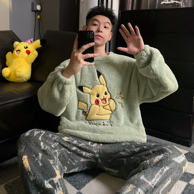 Pokémon Pikachu autumn and winter women's plush thermal pajamas men's round neck pullover flannel couple long loungewear suit