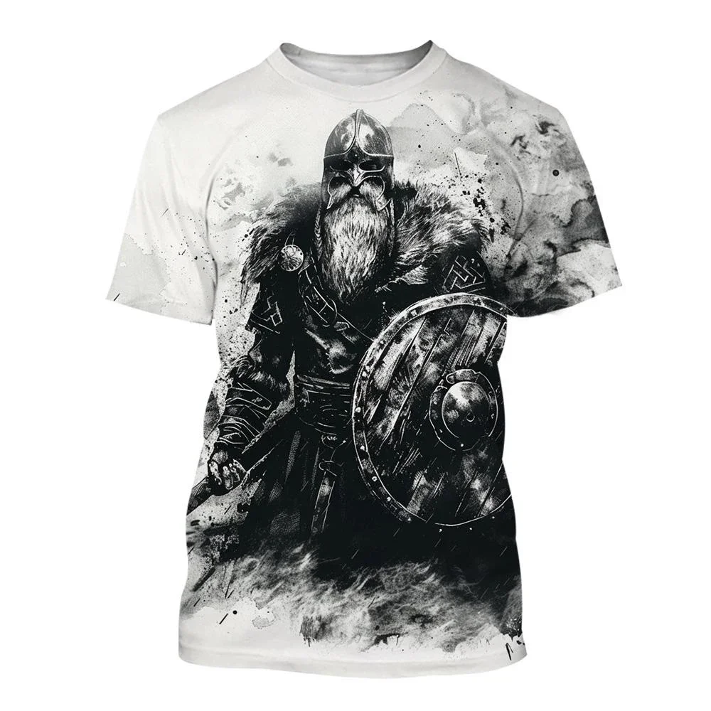 2025 Summer new solid color Viking 3D print men T shirt O collar short sleeve large size loose street casual outdoor sports top