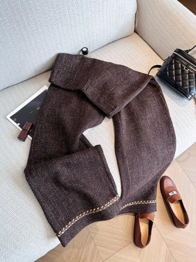 Women Fashion Coffee Color Tweed Pant Pocket High Waist Casual Pants Office Ladies Straight-leg Full Length Trousers Hot Sale
