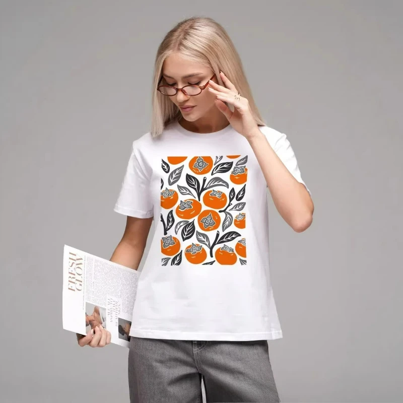 100% Pure Cotton Short-sleeved T-shirt 2026 Summer New Style Fashionable Casual and Versatile Elegant Persimmon Print Loose Top