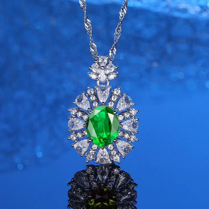 

European and American Style Round PT950 Platinum Artificially Cultivated Gemstone Green Red Blue Rose Red Pendant Necklace