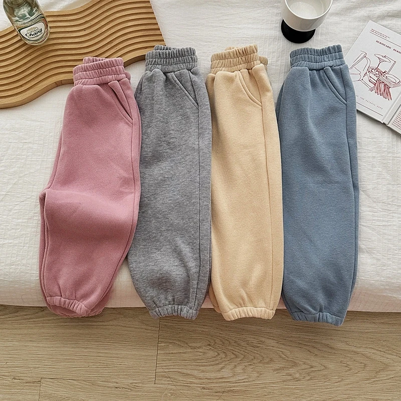 K22382 الفتيات صوف مبطن السراويل الخريف الشتاء الرياضة في الهواء الطلق Sweatpants الطفل سميكة المتكاملة المخملية السراويل الدافئة