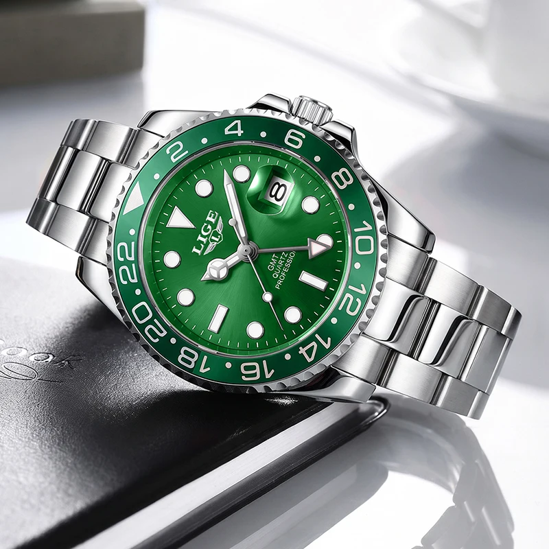 LIGE Fashion GMT Diver Watch Men Top Brand Luxury Men's Quartz Wristwatches Waterproof Sports Chronograph Relogios Masculino+BOX