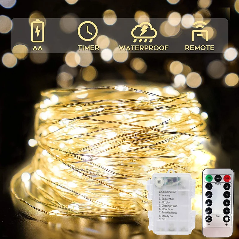 LED Fairy Light Remote Control 8 Mode Battery Box 2/5/10M Copper Wire String Light Christmas Decoration Lights Party Home Decor