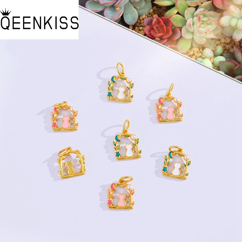 

QEENKISS 24KT Gold Cute Cat Moon Beads Charm For DIY Bracelet Making For Girl Children Jewelry Accessories Bulk Wholesale AC530