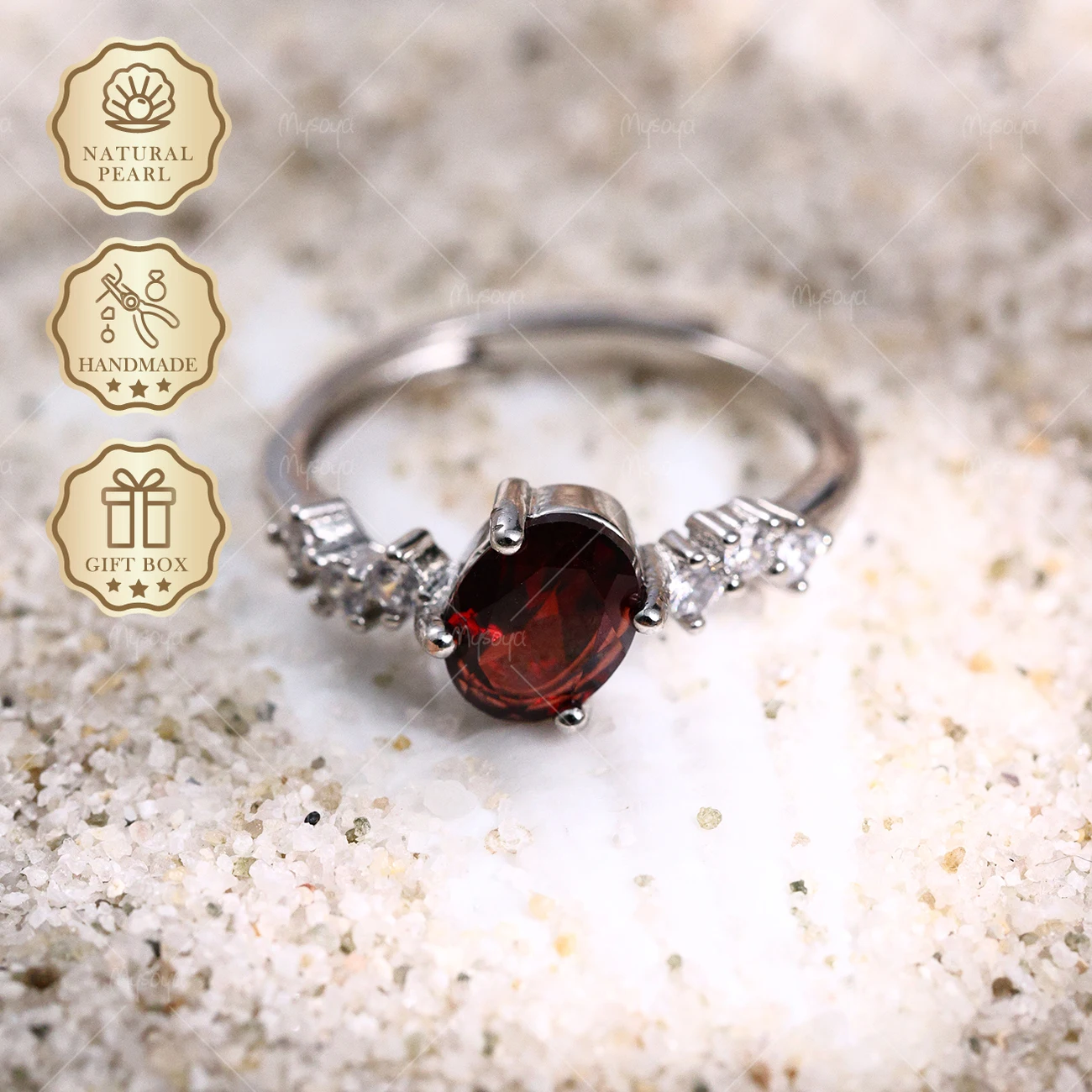 MYSOYA Silver-Plated Simple Ring with Natural Garnet, 6×8mm Garnet 1.48ct, Gift Box Included, January Birthstone SC25