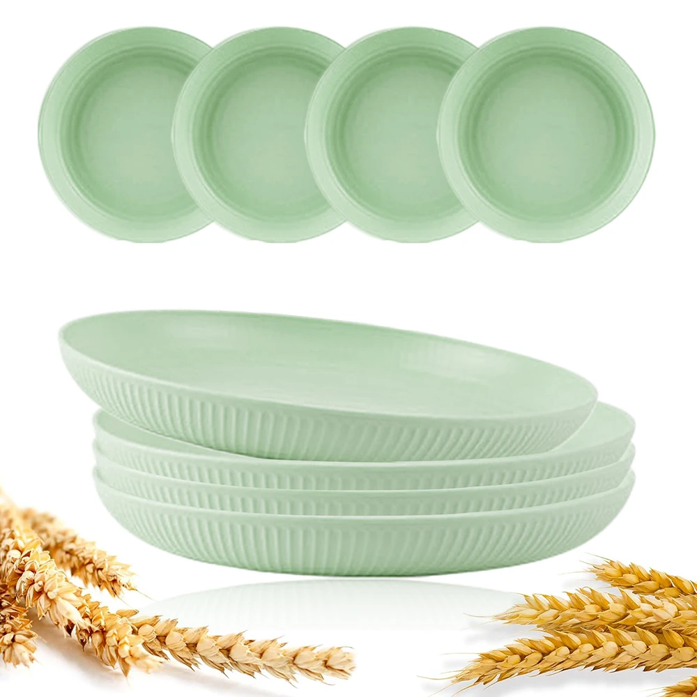 8Pcs Plastic Wheat Straw Plates Stackable Unbreakable Round Tableware 23cm Microwave Safe Dinner Plates Salad