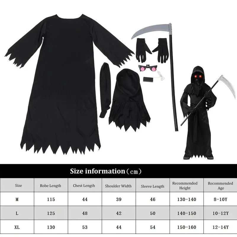 Kids Grim Reaper Dress Black Reaper Costumes Horror Dress Scythe Glowing Red Glasses Neutral Hooded Robe For Halloween Cosplay