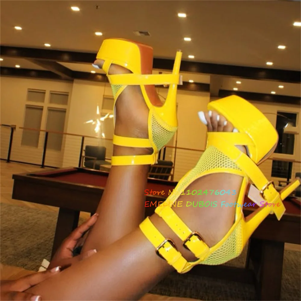 Yellow Leather Mesh Patchwork High Heel Sandals Women Sexy Open Toe Stiletto Heel Ankle Buckle Strap Summer New Dress Shoes