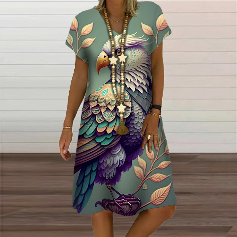 Gele Bloemenprint Jurken Voor Dames Kleding Zomer Vogel Patroon Korte Mouw Losse Jurk Mode Casual V-Hals Oversized Jurk