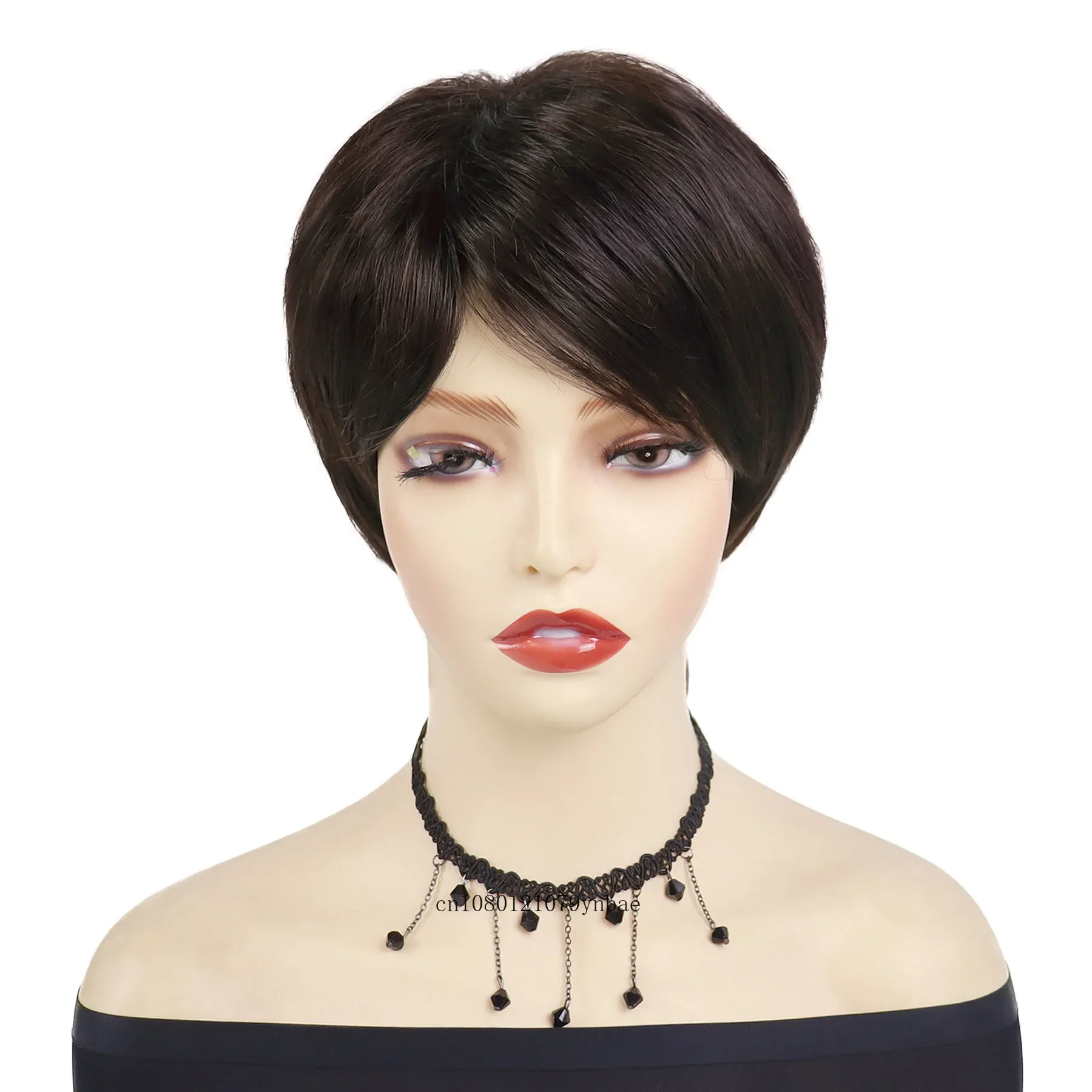 Synthetic Dark Brown Wigs with Bangs for Women Short Wavy Wig Pixie Hairstyle Natural Looking Daily Costume Party Heat Resistant