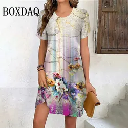 2024 Summer Floral 3D Printed Short Sleeve Dress Women Sweet Casual Pullover New Ladies Dress Sundress Loose Fashion Clothing