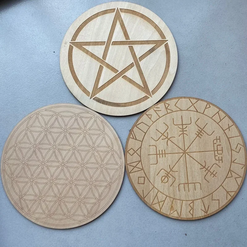 15cm Wood Round Altar Tile/Pad with viking compass ,Pentagram ,Fllower witchcraft supplies Divination mat wicca props Ornaments