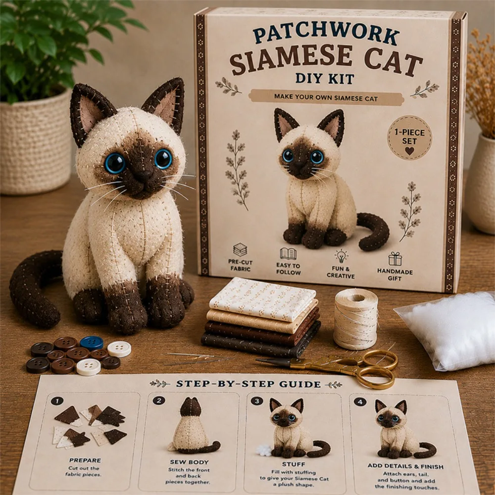 Handmade Patchwork Cat Kit Step by Step Guide Pre Cut Fabric Cat Sewing Kit Stuffing Included Buttons Included