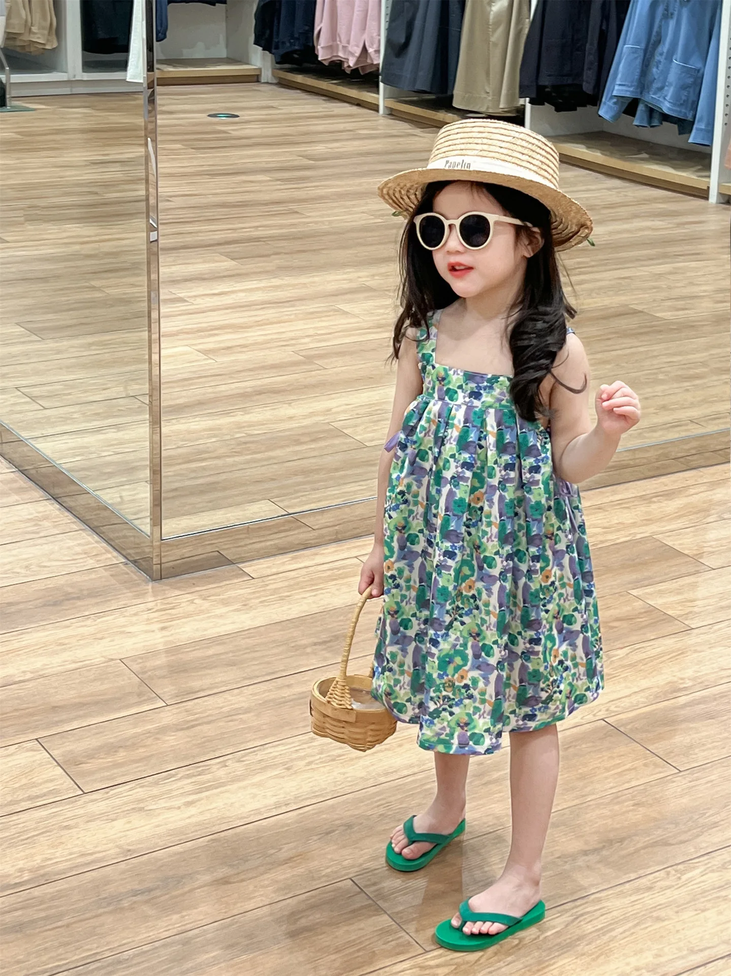 2024 Summer Children Girls Dress Korean Vacation Style Toddler Girl Sling Dress Loose Floral Printed Sleeveless Babys Girl Dress