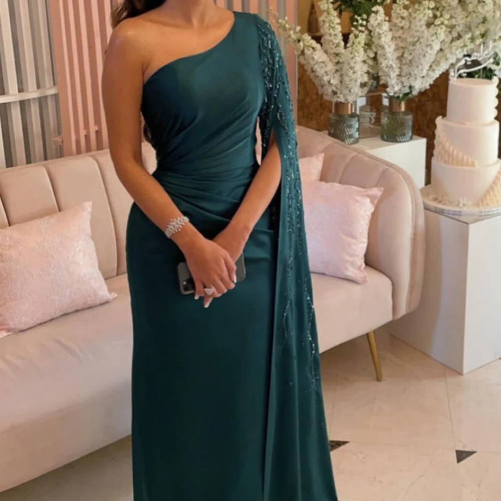 

Yipeisha Retro high quality Jersey Evening Dress One-Shoulder Sweep Train Straight Party Gowns Floor Length Sequined Formal Gown