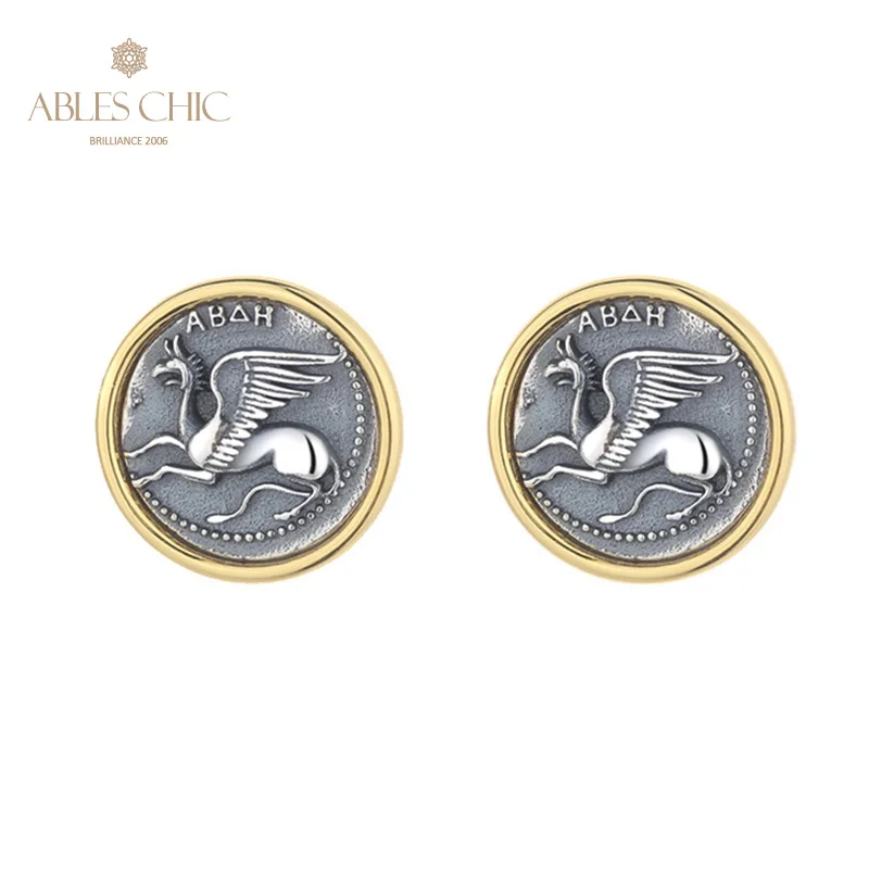 

Gryphon Dolphin Greek Coins 18K Gold Tone Solid 925 Silver Roman Coin Stud Earrings E1044