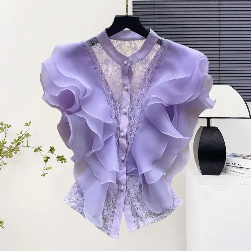 

2025,Европейский,Одежда,Дышащий,Блузка,Шик,Сексуальный,Подставка,Пэчворк,Кружево,Дизайн,3D,Оборки,Однобортный,Женский,Пуф рукав,Топы, 56047