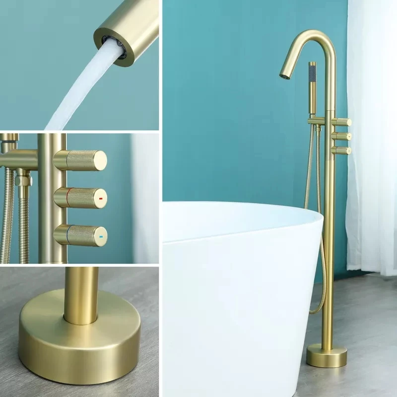 Brass Floor Mount Stand Freestanding Brushed Gold Rotating Bathtub Tub shower filter Faucet with hand shower sprayer for bathtub