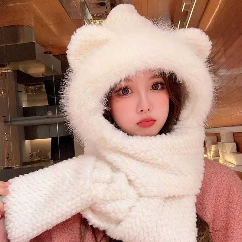 Autumn and Winter Cute Ears Hats Scarves Gloves Three Piece Set Women'S Warm And Versatile Plush Set  Thick Hat Wholesale