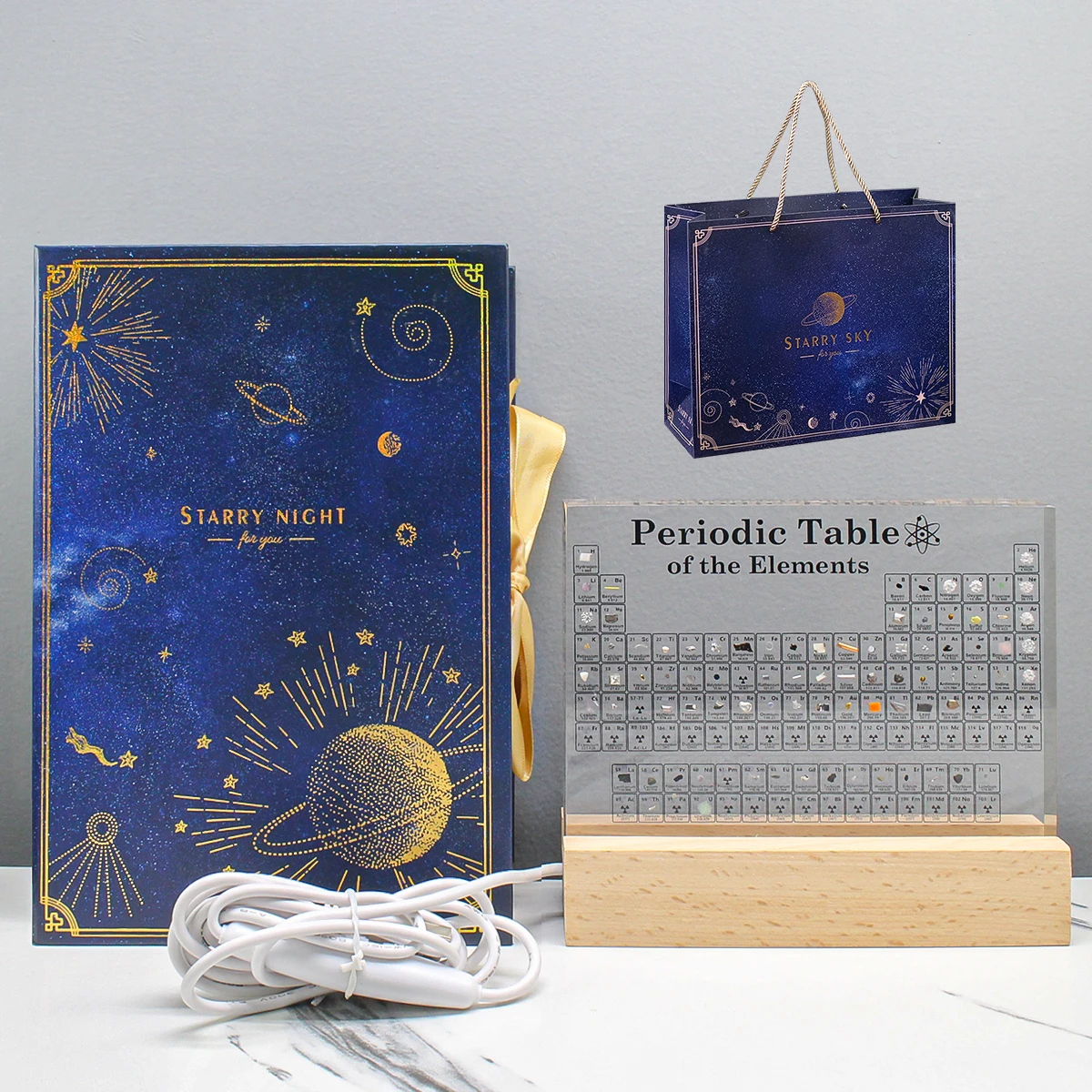 Periodensystem mit echten Elementen, Muster mit bunten Holzsockeln, Geschenkbox-Set, Astronauten-Dekorationen