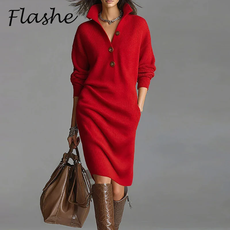 chinese dress ladies Women Solid Brown V-Neck Acrylic Long Sleeves Straight Hem Knitted Bodycon  Midi Sweater Dress main image 0