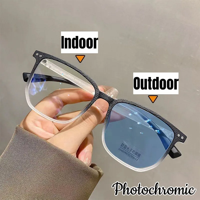 

Trendy Color Changing Finished Myopia Glasses Square Anti-blue Light Photochromic Glasses Men Women Near Sight Eyewear 0 To -6.0