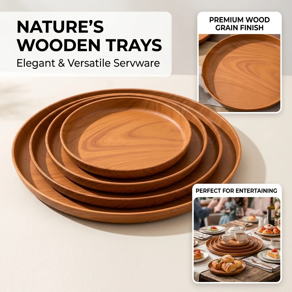 Circular Imitation Wood Grain Plastic Plate Dining Tea Household Water Cup Storage Tray Coffee Shop Cake Serving Plate
