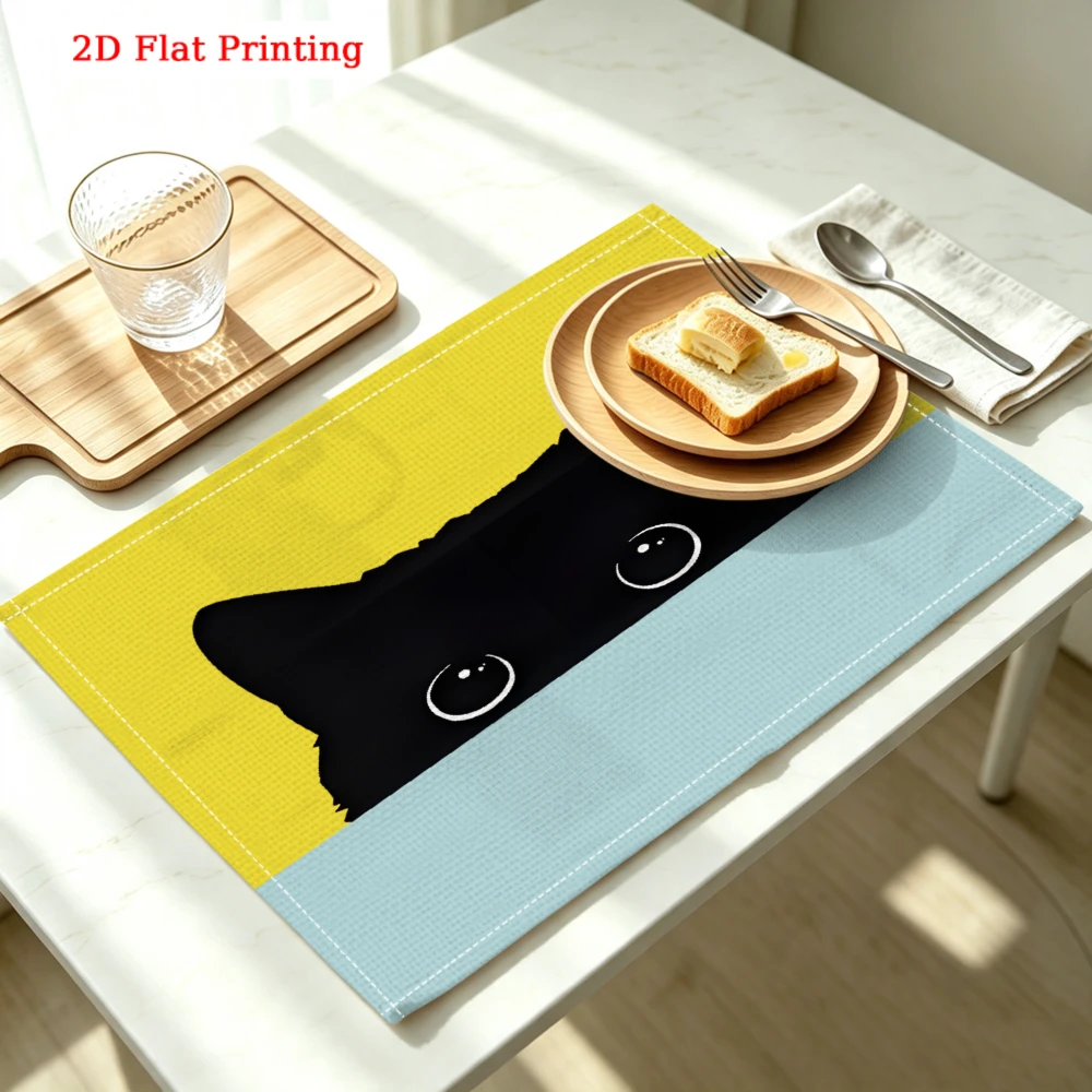 2Pcs Cute Black Cat Placemat Yellow Blue Funny Animal Print Table Mat Kitchen Dining Decor Non Slip Heat Resistant 30X40Cm