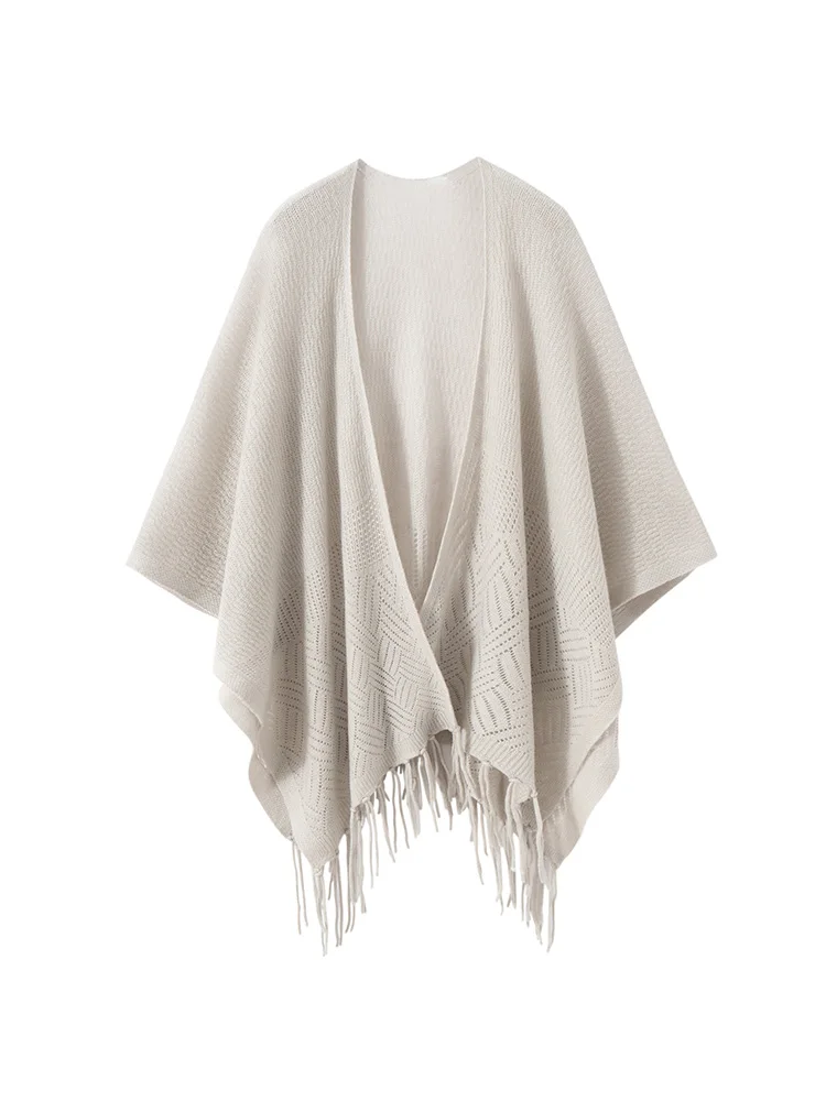 

Women's Autumn Winter Tassel Hollow Out 100% Cashmere Shawl Soft Warm Elegant Temperament Korean Style Solid Simple Daily