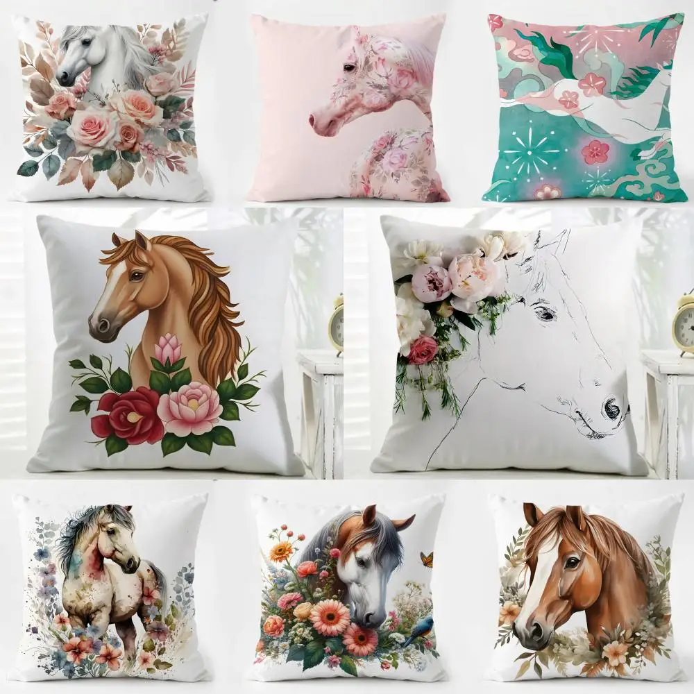L-Little horse flowers Cushion Cover Pillow Case Soft Friendly Fabric & Concealed Zipper