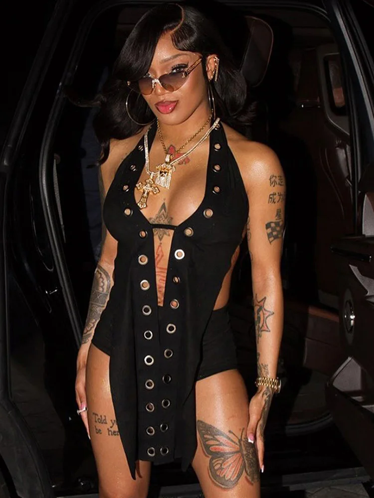 BWQ Summer Hollow Out Halter Neck Deep V Tie Low Back Long Top Festival Outfits Women Seductive Eyelets Tops Sexy Clubwear 2025