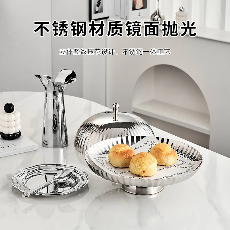 Nordic style stainless steel 304 meal tray light luxury dim sum plate with lid dessert table fruit plate vegetable