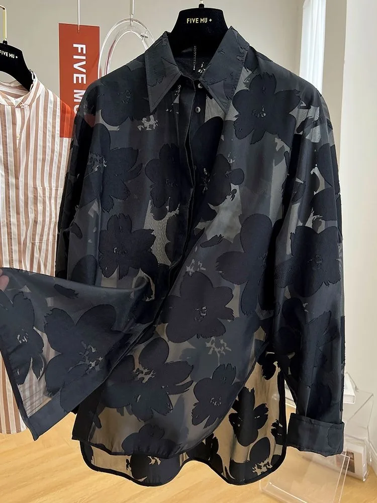 

Oversize Loose See Through Flower Shirts & Blouses Summer Thin 2025 New Lapel Neck All-match Tops Mujer Рубашка