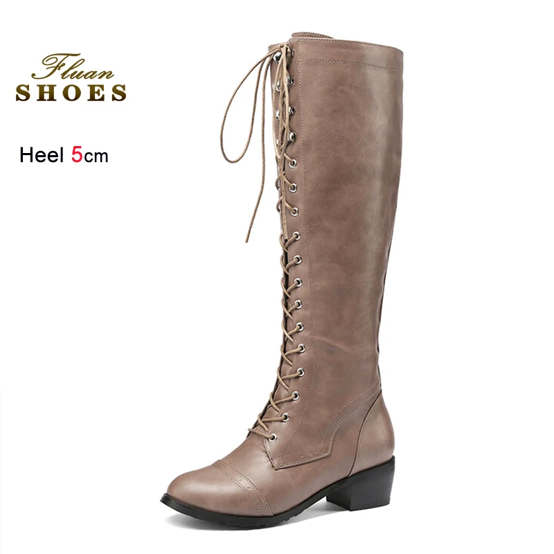 

5CM High Heel Boots Daily Routine Woman Fashion Lace-up Spring Autumn PU Leather Casual Long Shoes Women Knee-high Knight Boots