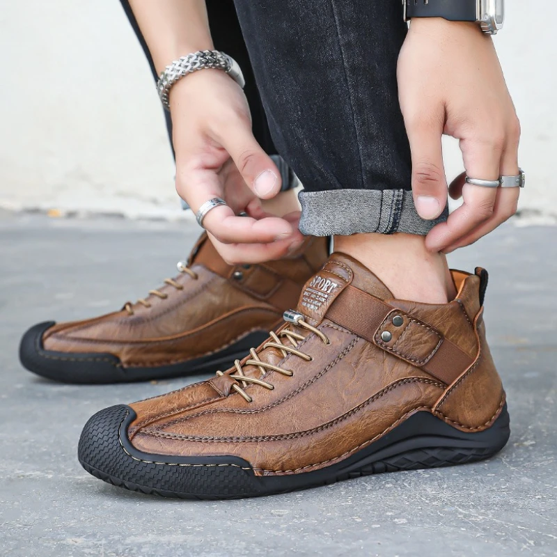 New Genuine Leather Casual Men Shoes Design Sneakers Man Handmade Leather Shoes Soft Men's Ankle Boots Outdoor Casual Sneakers