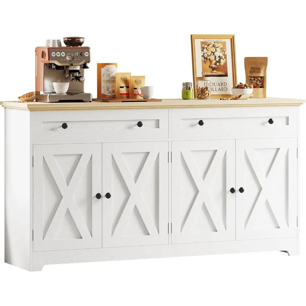 Buffet Cabinet with Storage, Sideboard Storage Cabinet, Kitchen Cabinet with Drawers and Doors, Natural Wood