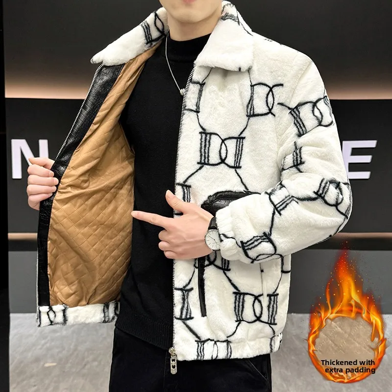 

Winter New Men's High Quali Plu Jaet Thiened Cotton Warm Faionable Fur Leather Inteated Large Size Trendy Coat