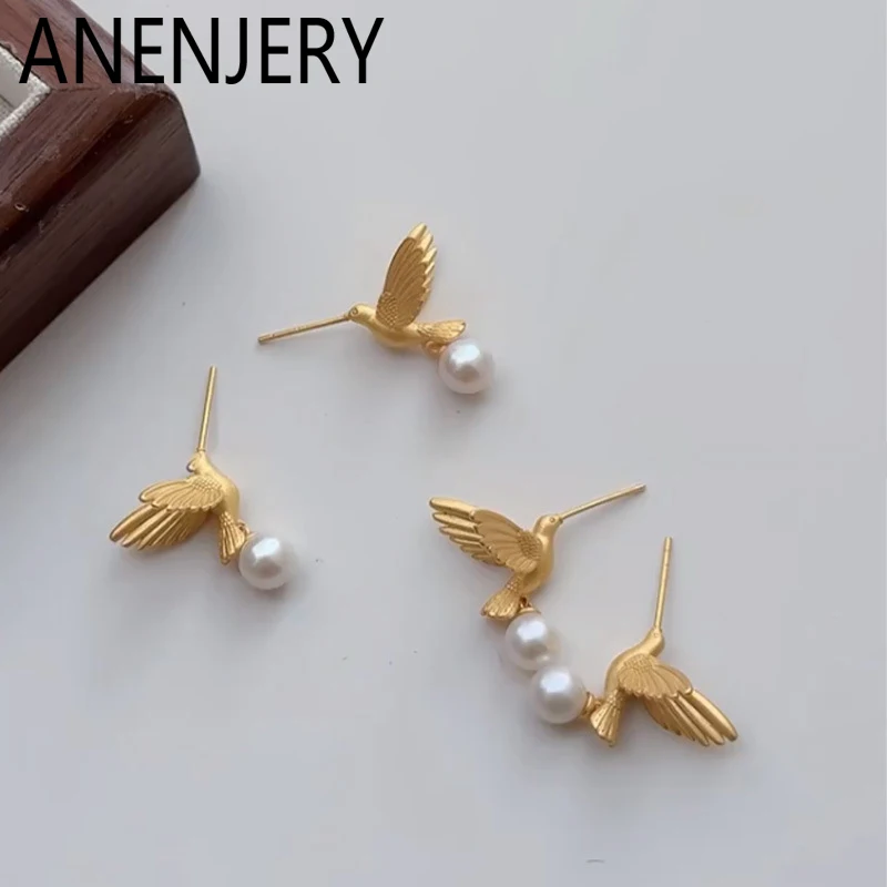 ANENJERY Metall Vogel Imitation Perle Ohrringe für Frauen Nische Luxus Persönlichkeit Schmuck Geschenke Großhandel Party