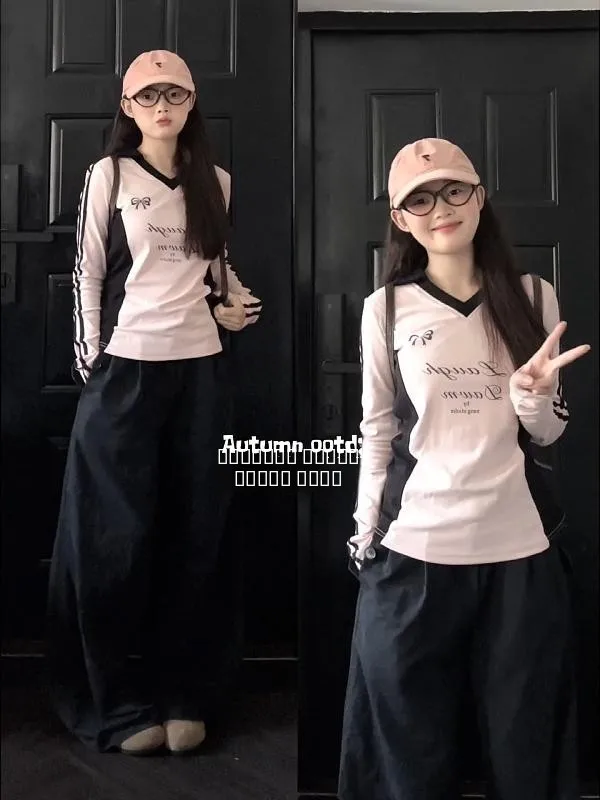 

Женская футболка больших размеров с V-образным вырезом, длинным рукавом, приталенная, в стиле колор-блок, повседневная, спортивная, осенняя мода в стиле «сладкий и острый»