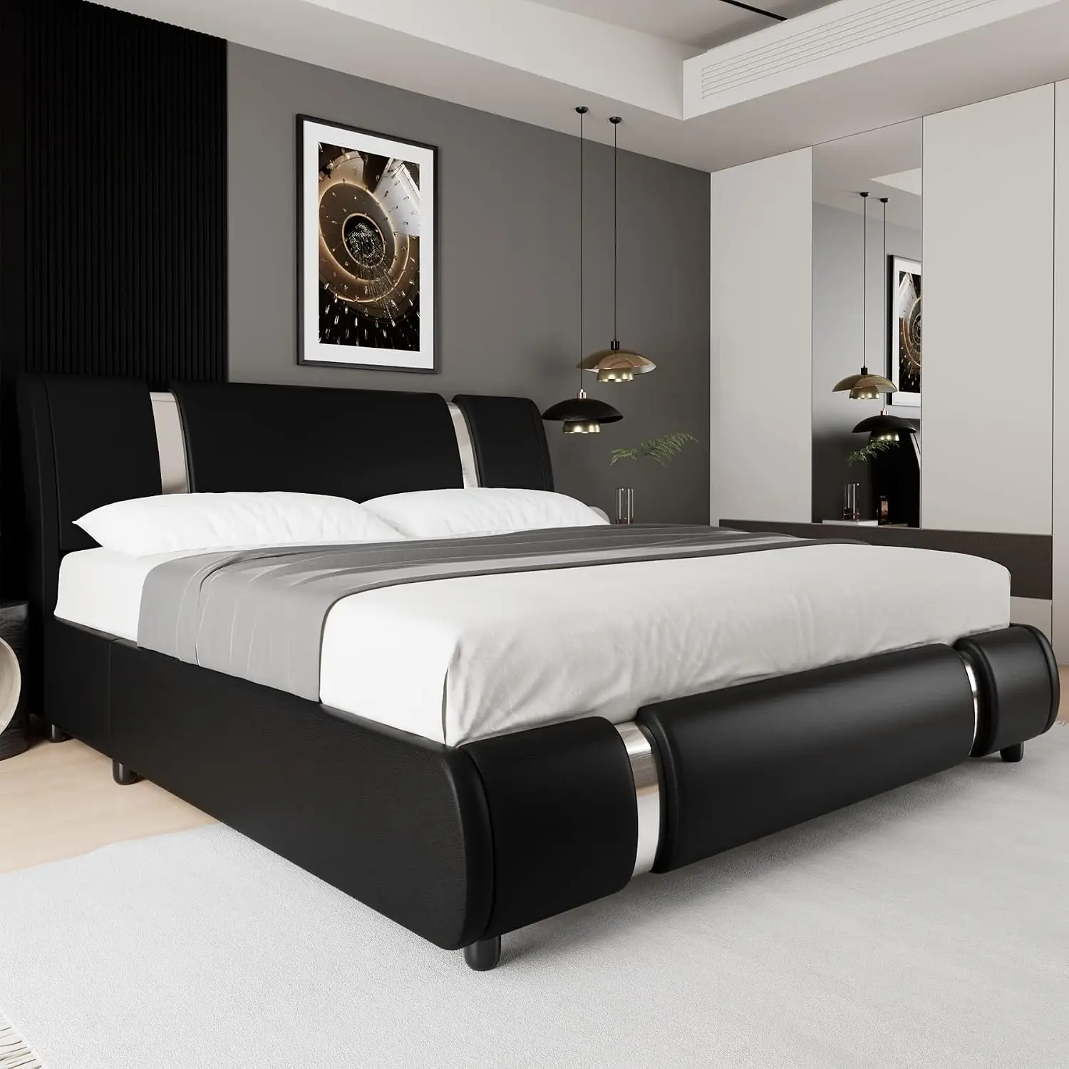 Modern Faux Leather Platform Bed Frame with Iron Decor & Adjustable Headboard, Wooden Slats, No Box Spring, Queen, Customized image 2