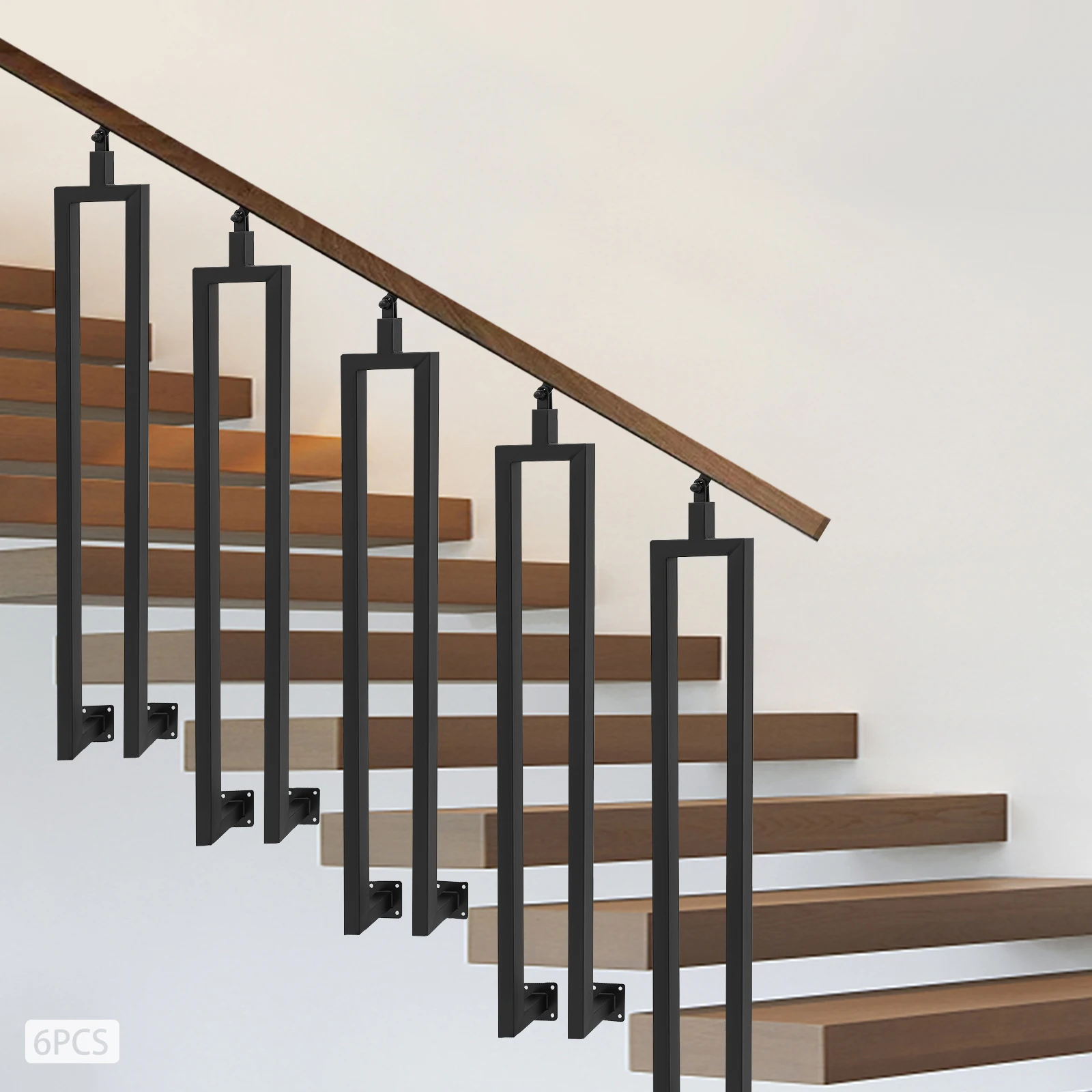 

6PCS U-Shape Stair Railing Posts 39.4in, Side Mount Black Iron Balusters for Deck, Adjustable Top Bracket