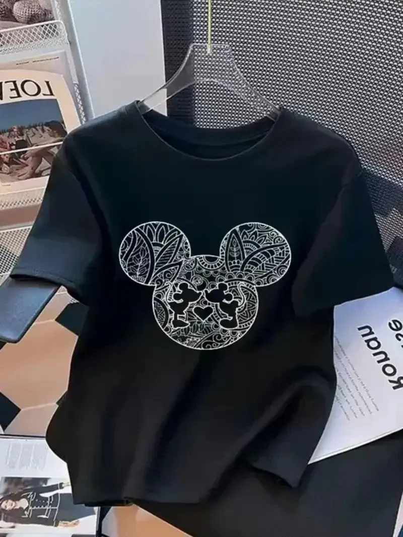

2025 Disney Pattern Printed Women's Casual Comfortable Unique Smiling Face Black Round Neck Short Sleeve T-shirt
