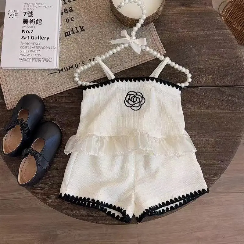 Summer New Girls Contrast Color Sling Off Shoulder Pullovers Casual Stylish Sweet Lovely Printed Sleeveless Elastic Shorts Set