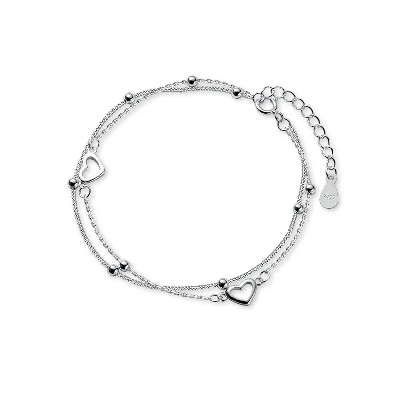 925 Sterling Silber Doppel-Liebesherz Hohle Runde Perlen Armband Damen Mode Romantischer Schmuck Klassisch Verstellbar – Detail 12