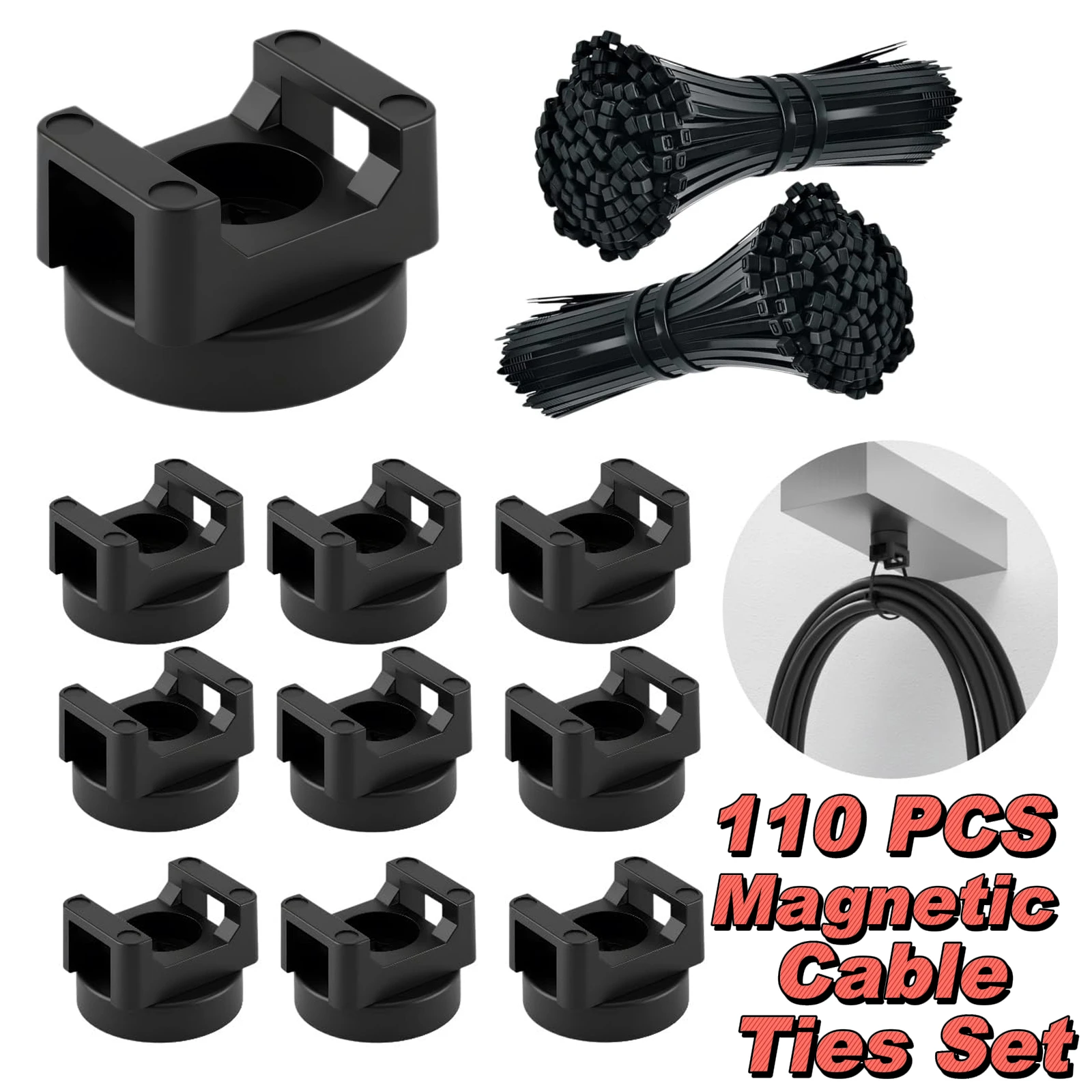 110 PCS Magnetic Cable Ties Set,Magnetic Zip Tie Mounts&Cable Ties|Magnetic Wire Holder, 10 Magnetic Cable Holders&100 Zip Ties