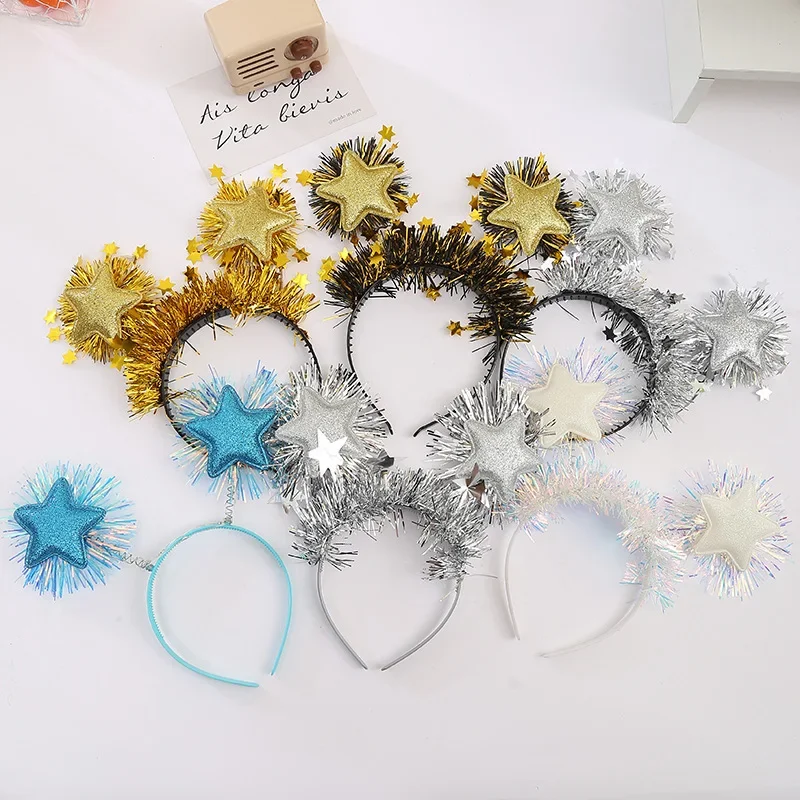 10pcs  Adult or Children Christmas Gold Silver Pentagram Star Tinsel Headband Happy New Year Headwear