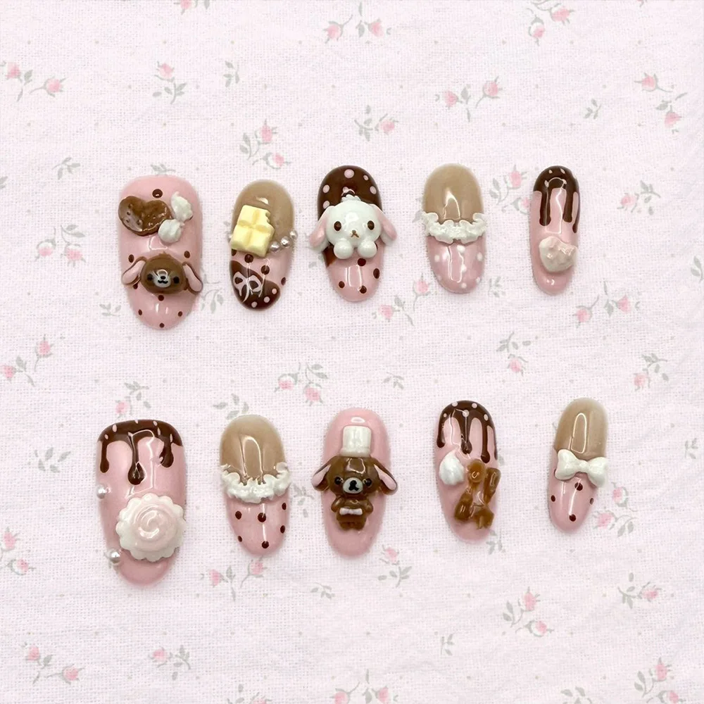 Cartoon Niedlicher Rosa Hase Dessert Liebesbär Ellipsen-Nagelkunst 3D Stern Schmetterling Knoten Flügel Punkt-Muster Künstliche Nägel Geburtstagsgeschenk – Detail 15