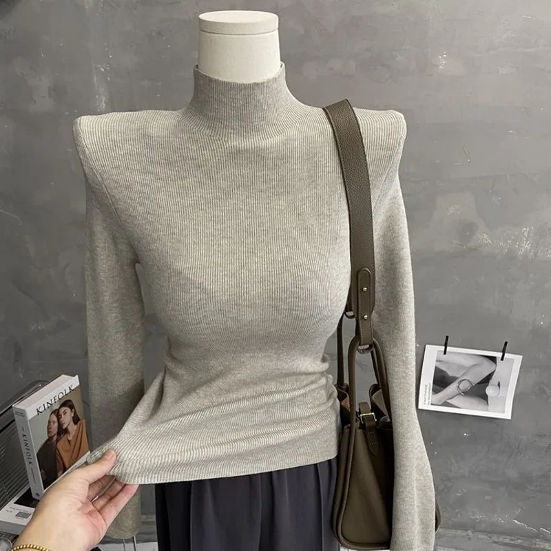 نصف الياقة المدورة ضئيلة سترة المرأة قاع قميص الخريف الشتاء جديد طويل الأكمام ضيق أعلى تنوعا منتصف طوق البلوفرات