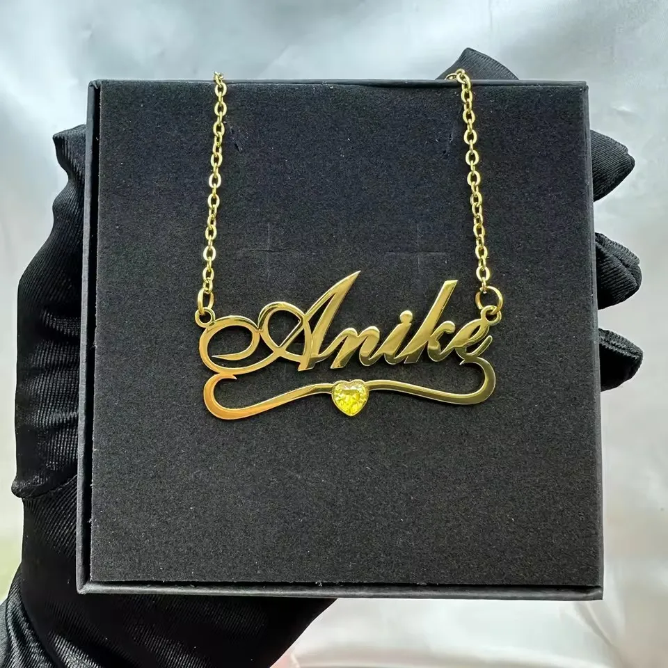Heart Zircon Name Necklace New Customized Birthday Stone Name Necklace Customized Stainless Steel Heart Shape Nameplate Necklace